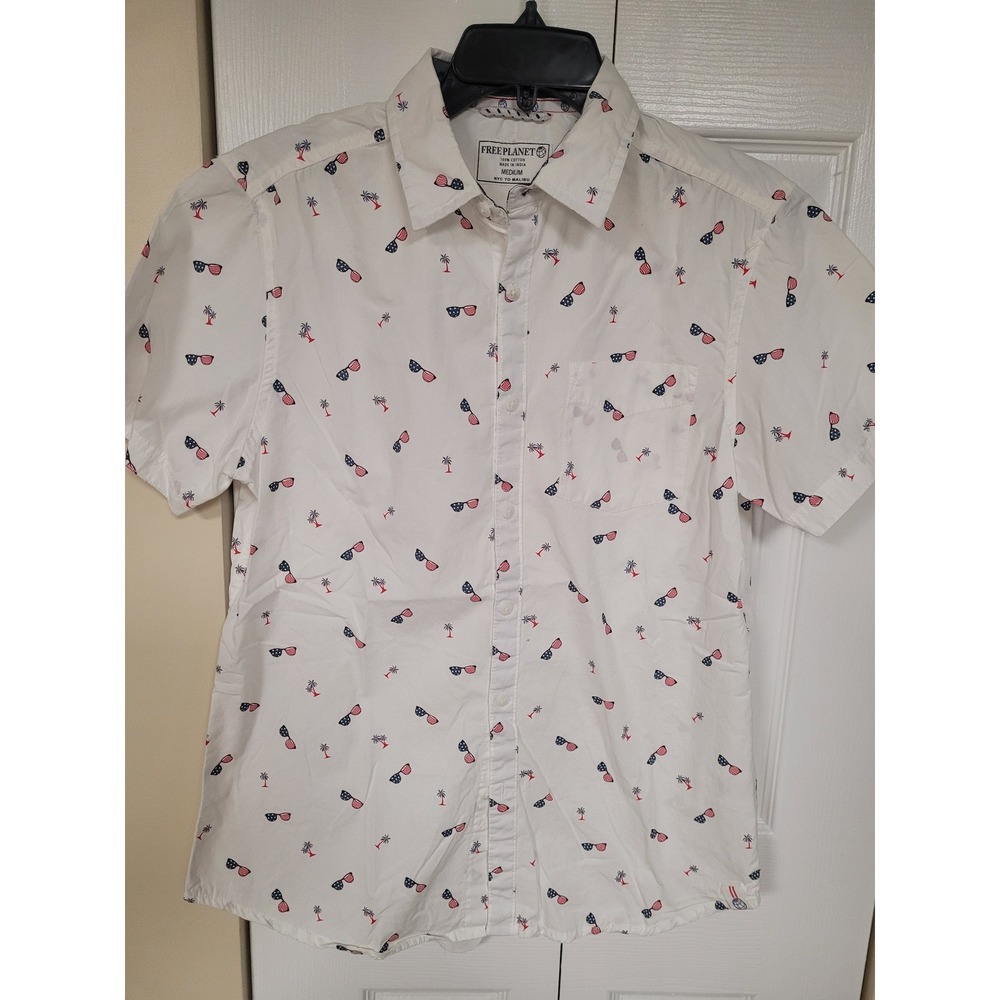 Free Planet Mens White Patriotic Sunglasses Palm Tree Cotton Button Down Shirt M